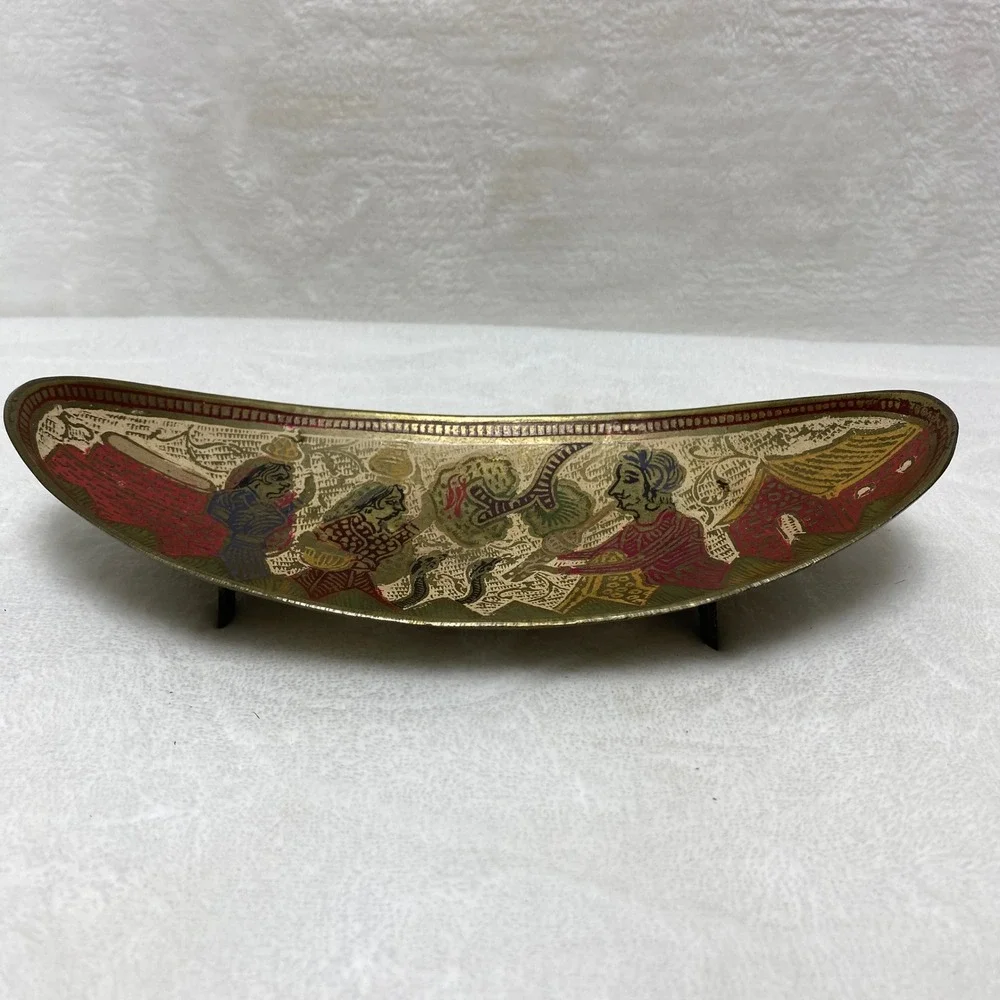 Vintage Decorative Brass Tray Hand Painted Figurines‎ Snake Scene